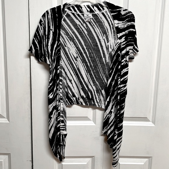 Worthington Black White Print Cotton Long Point Front Short Sleeve Open Cardigan - Picture 1 of 6